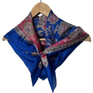 Jubilee Vintage 100% Silk Square Scarf Royal Blue Pink‎ Paisley Floral 31" x 32"